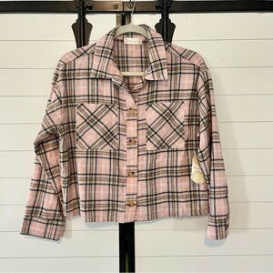 NWT Altar'd State Pink and Tan Plaid Cropped Flannel XS Graphic Detail on Back